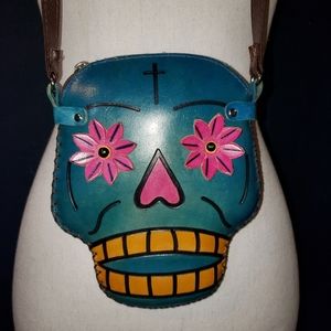 Hand made leather Sugar skull bag
